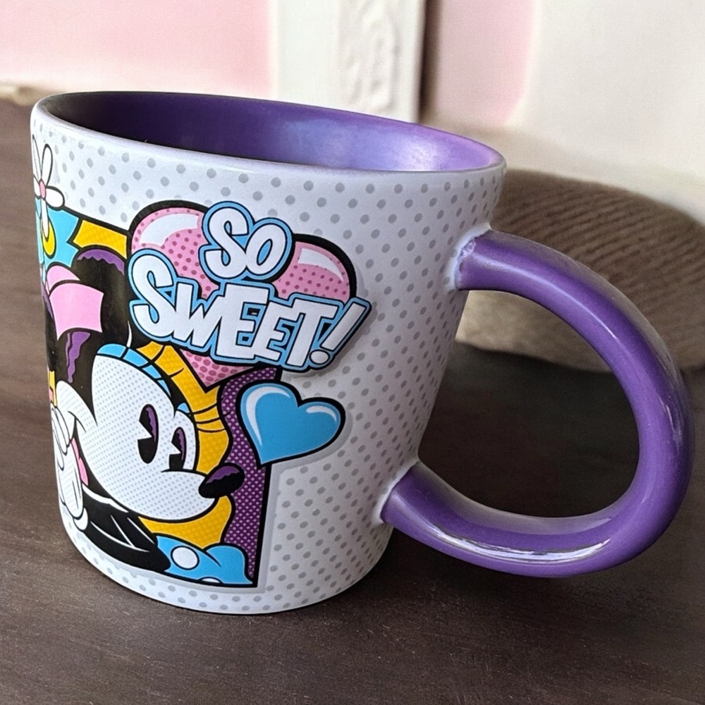 Disney Parks Minnie Mouse "So Sweet" Pop Art Mug White Purple